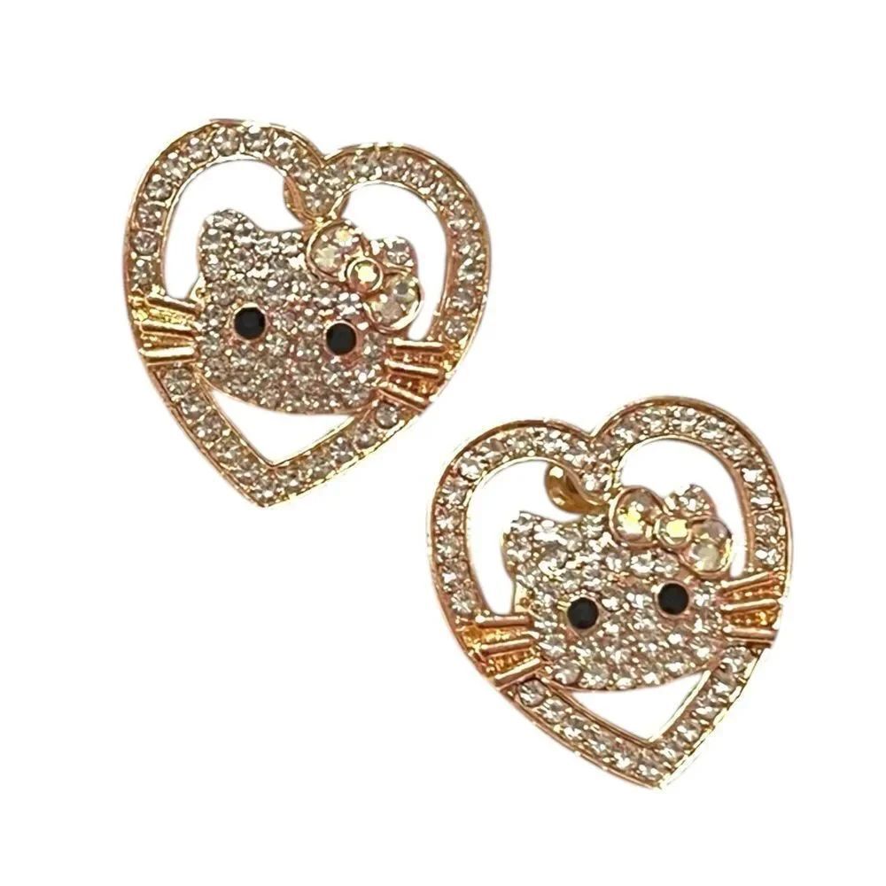 💎2/$30💎 Hello Kitty Crystal Heart White Bow Gold Stud Earrings